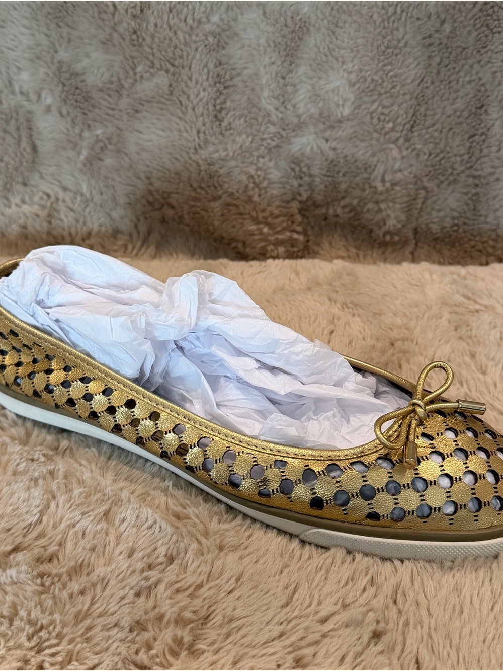 Tory Burch Skyler Ballerina Trainers Metallic Gold Perforated Leather - Picture 3 of 10